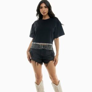 Women's Black Rhinestone Fringe T-Shirt L/XL